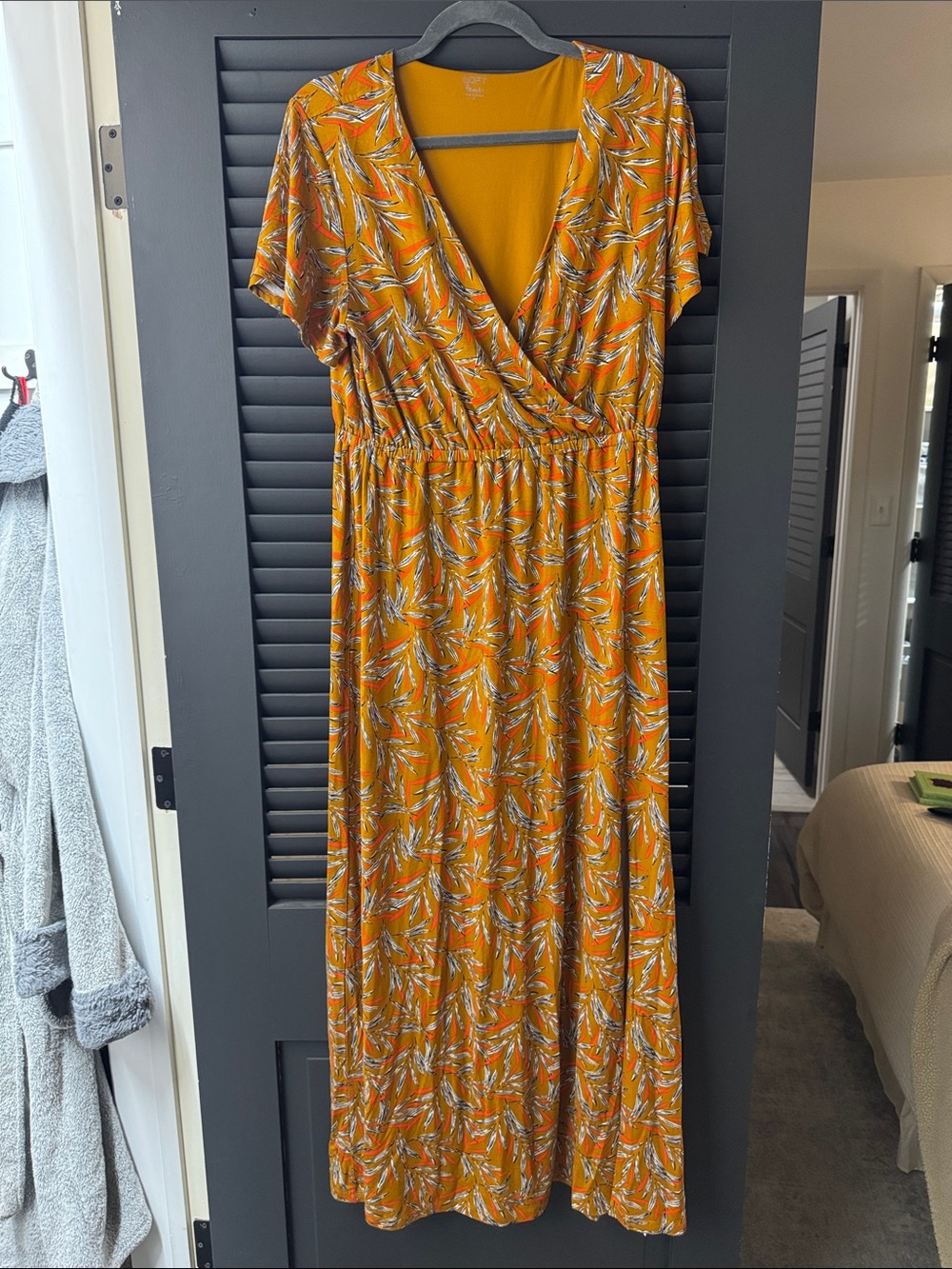 LOFT Orange, White and Black Leaf-Print Wrap Maxi Dress